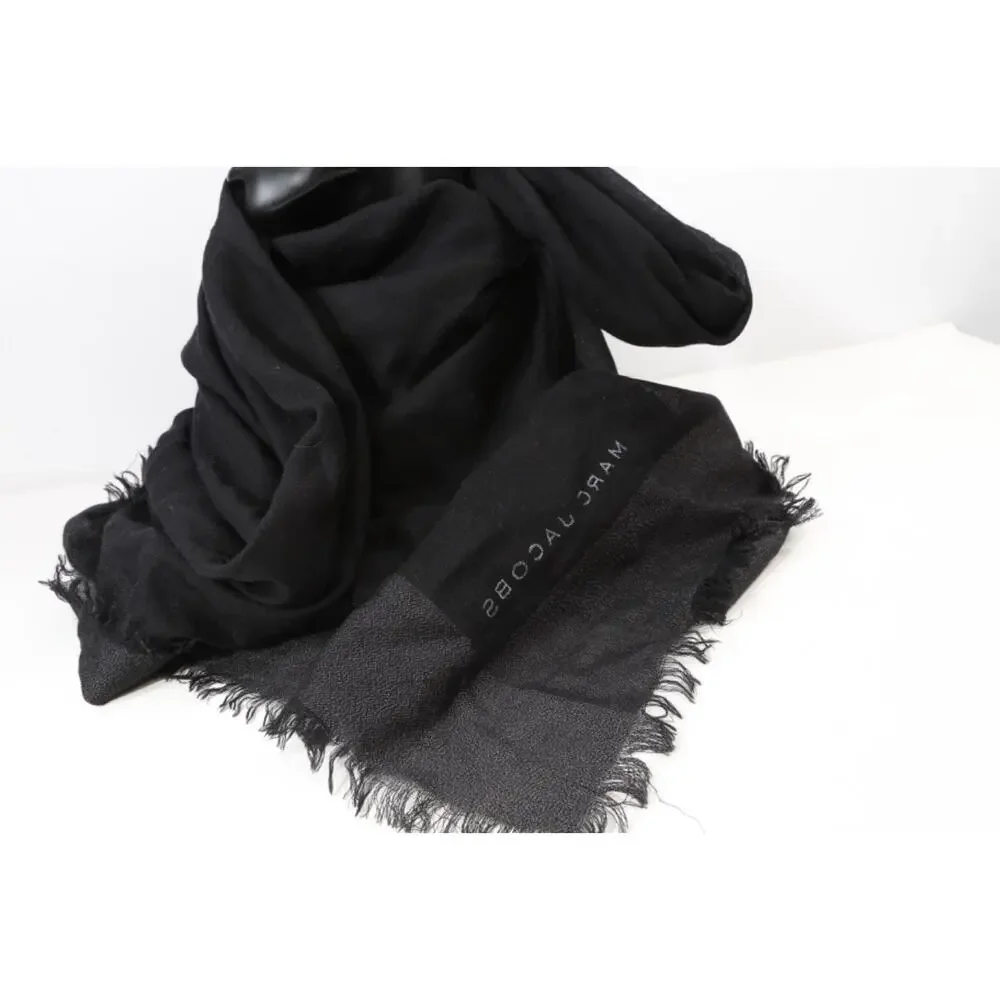 Marc Jacobs Black Logo Fringed Large Wrap Scarf Shawl Lightweight 60 x 48